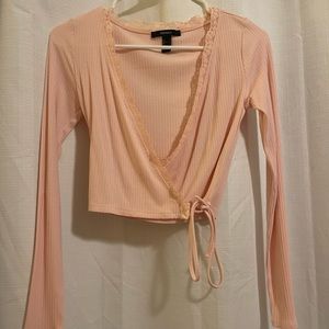 Women’s Baby Pink Wrap Up Lace Trimmed Long Sleeve Top